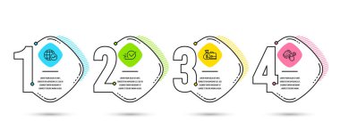 Infographic Şablon 4 seçenekleri veya adımları. Maaş, dünya istatistikleri ve onay kutusunu simgeler kümesi. Müşteri memnuniyeti işareti. Diplomat para ile çanta, Global rapor, onaylandı. Mutlu bir gülümseme. Vektör
