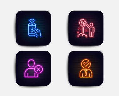 Neon telefon ödeme, indirim ve Kullanıcı simgeleri silmek. Boşluk işareti. Mobil ödeme, Satılık Alışveriş, kaldır profil. İşadamı kavramı. Neon simgeler. Parlayan ışık afiş. Vektör