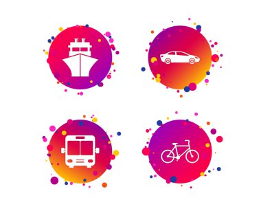 Taşıma simgeler. Araba, Bisiklet, halk otobüsü ve gemi işaretler. Sevkiyat teslimat sembolü. Aile araç işareti. Degrade daire düğmeleri ile kutsal kişilerin resmi. Rastgele noktalar teması. Vektör