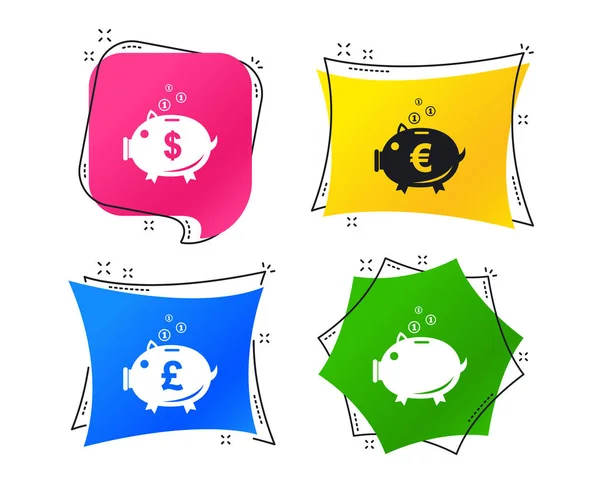 Piggy Bank Icons Dollar Euro Pound Moneybox Signs — Stock Vector