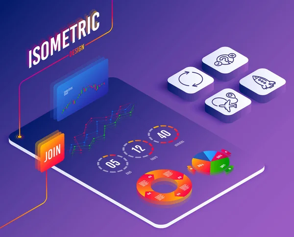 Isometrisk Vektor Ange Quiz Test Raket Och Full Rotation Ikoner — Stock vektor