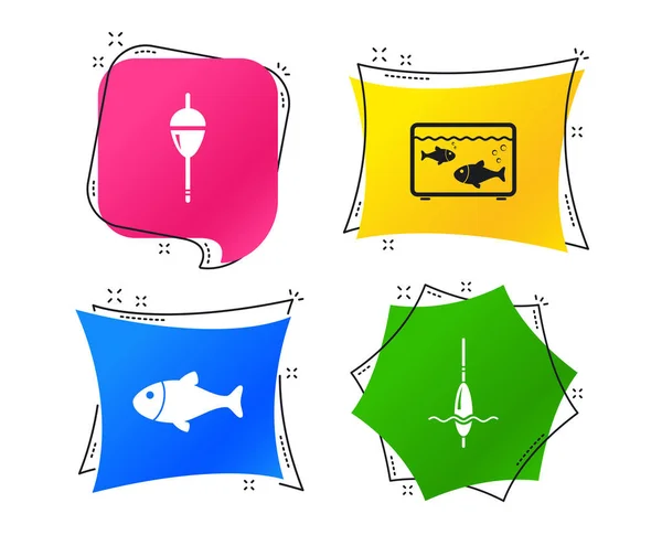 Iconos Pesca Pescado Con Gancho Pescador Bobina Flotador Símbolo — Vector de stock