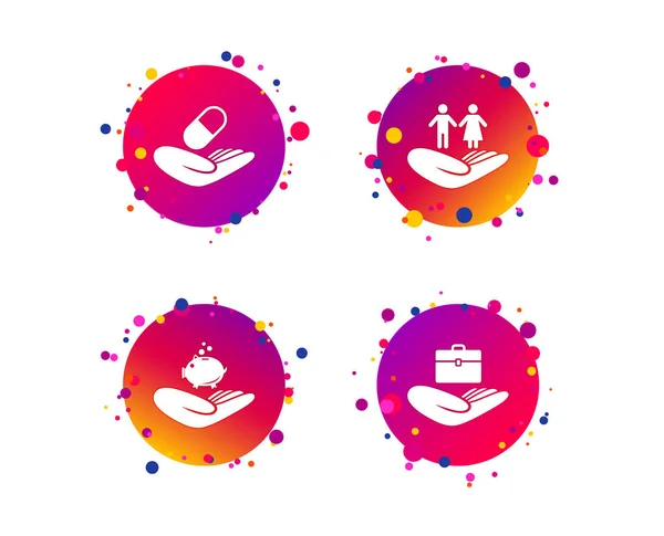 Helping hands icons. Protection and insurance symbols. Financial money savings, health medical insurance. Human couple life sign. Gradient circle buttons with icons. Random dots design. Vector