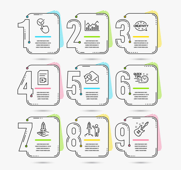 Infographic timeline set of Checkbox, Infochart and Launch project icons. Send mail, Creativity and Crowdfunding signs. Video file, Quick tips and Electric guitar symbols