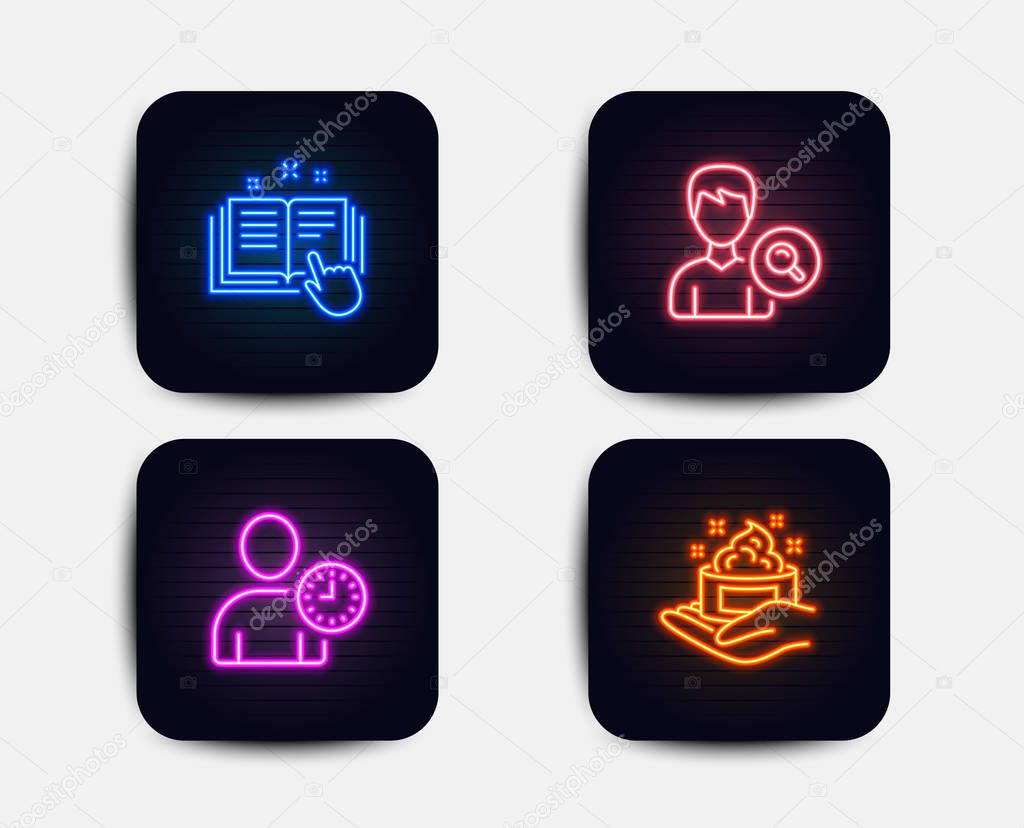 Neon set of Search people, Time management and Technical documentation icons. Skin care sign. Find profile, User with clock, Manual. Hand cream. Neon icons. Glowing light banners. Vector