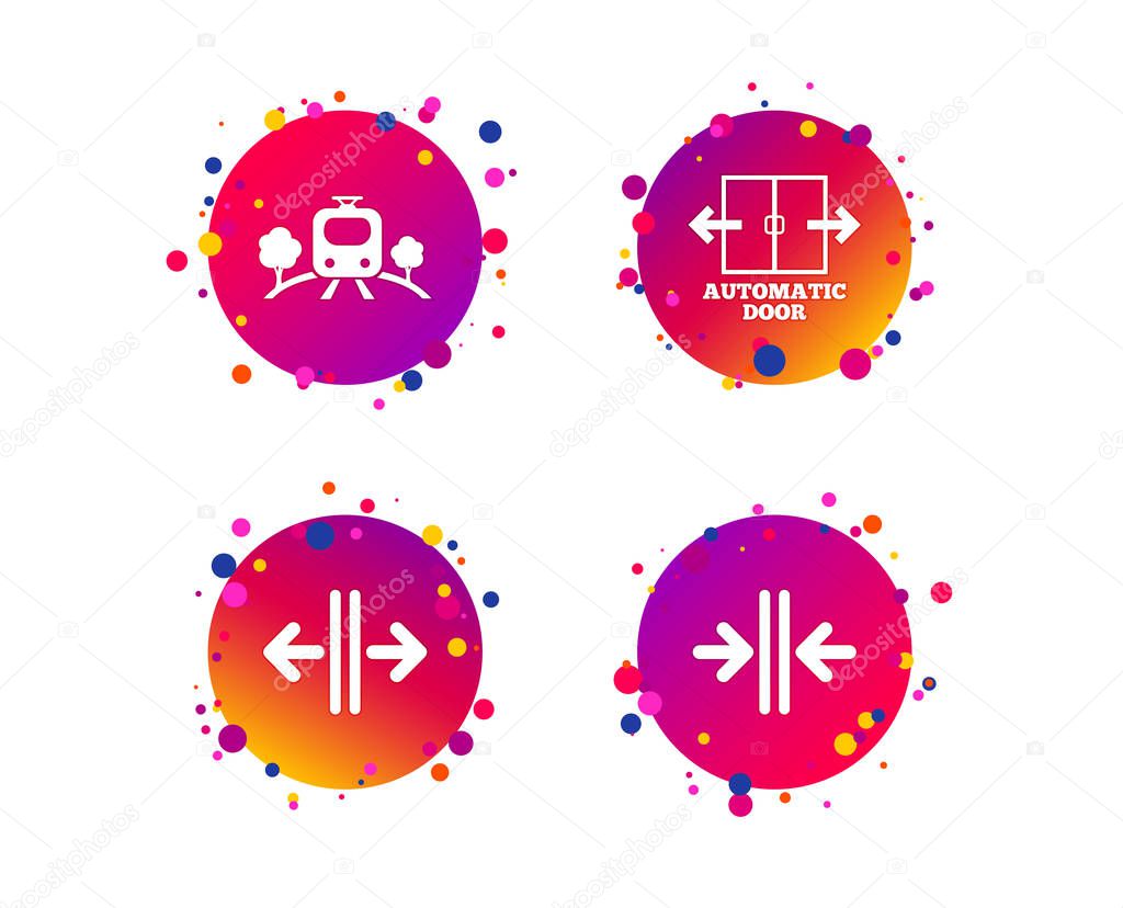 Train railway icon. Overground transport. Automatic door symbol. Way out arrow sign. Gradient circle buttons with icons. Random dots design. Vector