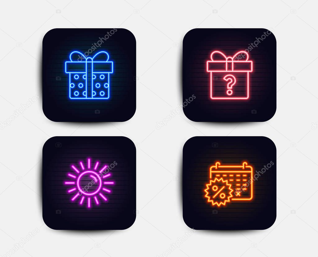 Neon set of Sun, Secret gift and Gift box icons. Calendar discounts sign. Summer, Unknown package, Present package. Shopping. Neon icons. Glowing light banners. Vector