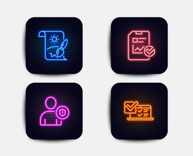 Neon glow ışıkları. Güvenlik, rapor denetim listesi ve yaratıcı resim simgeler kümesi. Online anket işareti. Kişi koruma, satış büyüme dosya, grafik sanatı. Bilgi yarışması test. Neon simgeler. Parlayan ışık afiş