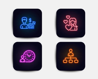 Neon glow ışıkları. Aşk, ticari büyüme ve zaman yönetimi simgeler kümesi. Yönetim işareti. Kadın aşk, kazanç sonuçları, çalışma zamanı. Ajan. Neon simgeler. Parlayan ışık afiş. Vektör