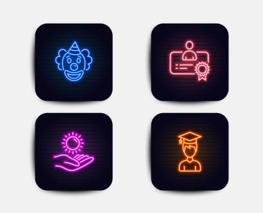 Güneşten korunma, Neon kümesi sertifika ve palyaço simgeler. Öğrenci işareti. Ultraviyole bakım, en iyi çalışan, komik performans. Mezuniyet kep. Neon simgeler. Parlayan ışık afiş. Vektör