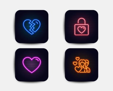 Kalbinde, sonu ayarlamak ve soyunma simgeler düğün neon. Bir çift iz. Aşk duyguları, boşanma, Sevgililer günü. Neon simgeler. Parlayan ışık afiş. Vektör