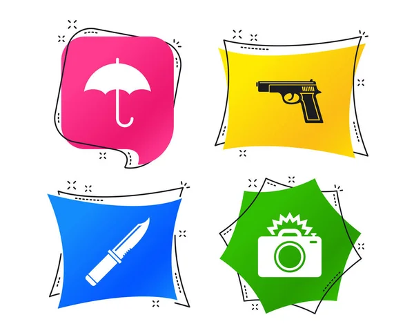Icono Arma Fuego Cuchillo Paraguas Cámara Fotográfica Con Signos Flash — Vector de stock