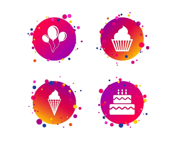 Icônes Fête Anniversaire Gâteau Avec Des Glaces Ballons Pneumatiques Avec — Image vectorielle