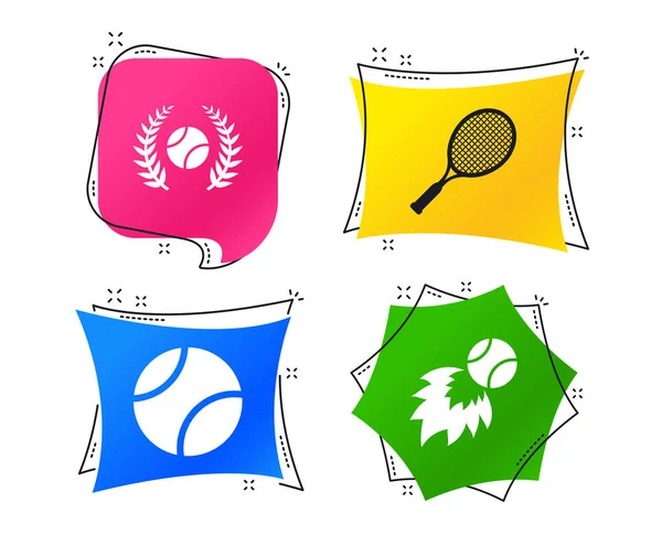 网球和球拍图标 快速火球标志 体育桂冠花环奖符号 几何彩色标签 带有平面图标的横幅 时尚的设计 — 图库矢量图片