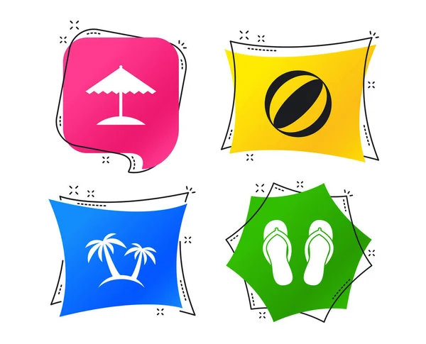 海滩假日图标 伞和拖鞋凉鞋的标志 棕榈树符号 — 图库矢量图片