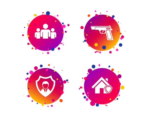 Security Agency Icons Home Shield Protection Symbols Gun Weapon Sign — Stock Vector