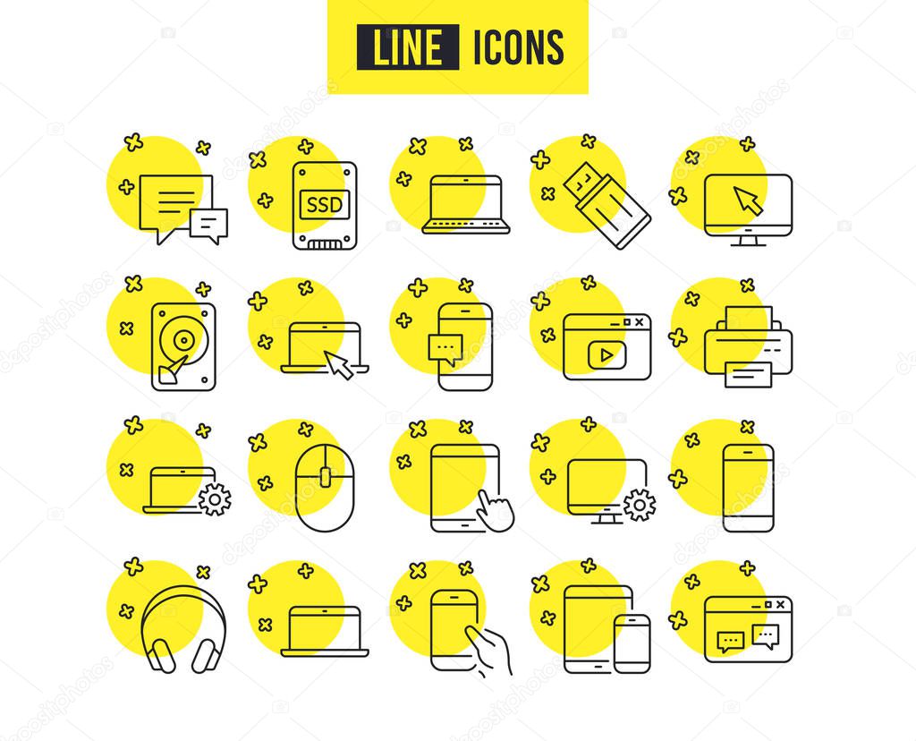 Mobile Devices line icons. Set of Laptop, Tablet PC and Smartphone signs. 