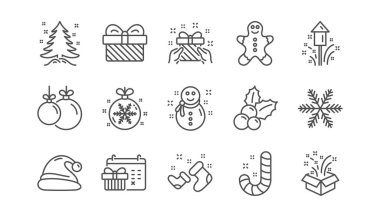 Noel çizgi simgeler. Noel Baba şapkası, kar tanesi ve hediye kutusu. Yeni yıl doğrusal Icon set. 