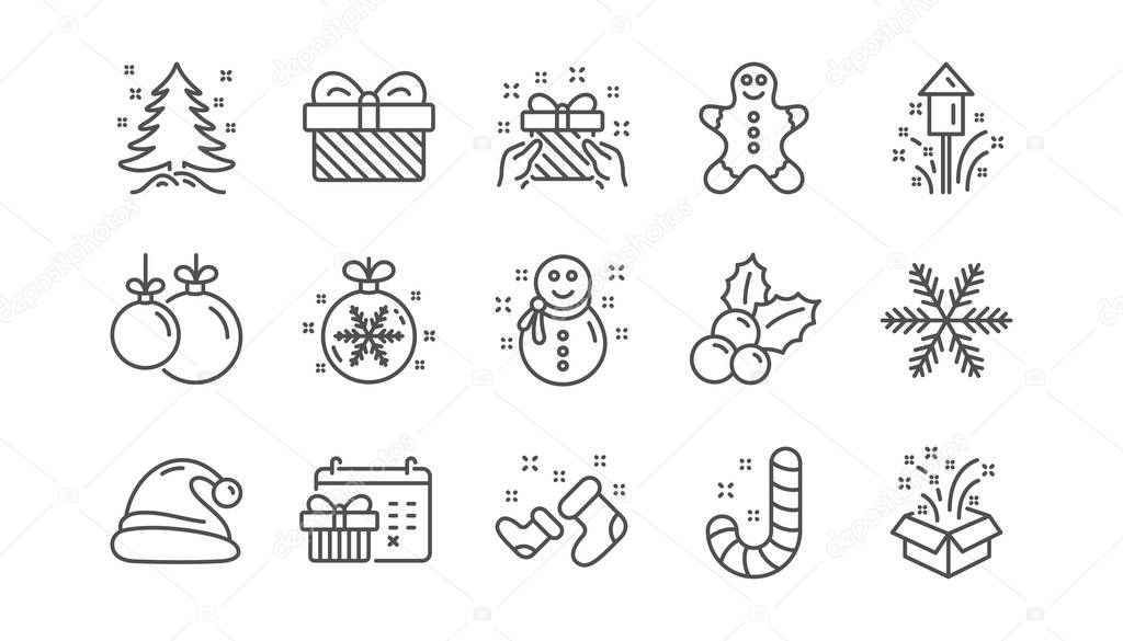 Christmas line icons. Santa hat, Snowflake and Gift box. New year linear icon set. 