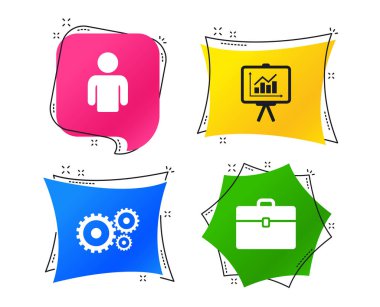 İş ikonları/simgeleri. İnsan siluet ve tanıtım kartı grafikler işaretleri. Dava ile dişli simgeleri. Geometrik renkli Etiketler afiş ile modaya uygun bir tasarım içinde düz kutsal kişilerin resmi. 