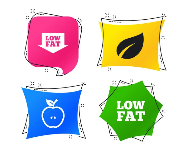 低脂肪矢印アイコン ダイエットとベジタリアン食品標識 リンゴ葉のシンボル トレンディなデザインのフラット アイコンと幾何学的なカラフルなタグ バナー — ストックベクタ
