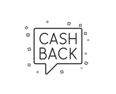 Cashback hizmet satırı simgesi. Para transferi işareti. Konuşma balonu sembolü. Geometrik rasgele çapraz öğesi simgesi tasarım şeklinde.