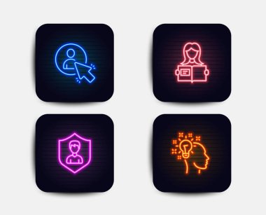Neon glow ışıkları. Kullanıcı, kadın okumak ve güvenlik ajansı simgeler kümesi. Fikir işareti. Proje Yöneticisi, eğitim, insanlar koruma kız. Yaratıcı tasarımcı. Parlak neon ışık afiş simgeler.