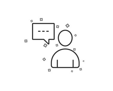 Kullanıcı iletişim satırı simgesi. Kişi ile sohbet etmek konuşma balonu işareti. İnsan siluet simge. Geometrik rasgele çapraz öğesi simgesi tasarım şeklinde.