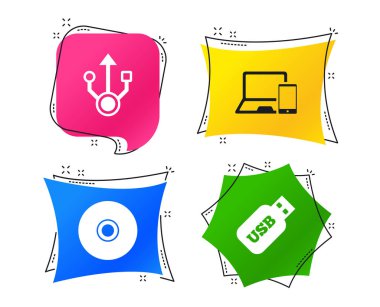 USB birden parlamak götürmek kutsal kişilerin resmi. Defter ya da Laptop pc sembol. Smartphone aygıt. CD veya Dvd işareti. CD. Geometrik renkli Etiketler afiş ile modaya uygun bir tasarım içinde düz kutsal kişilerin resmi. 