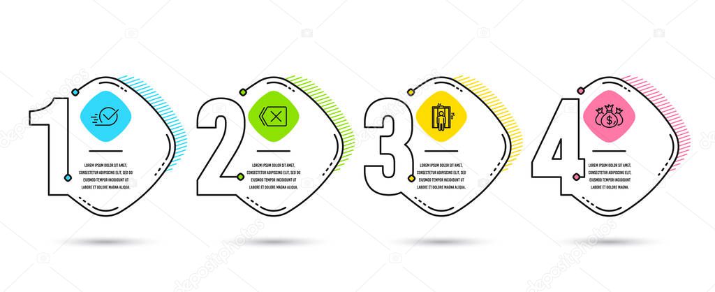 Infographic timeline set of Elevator, Checkbox and Remove icons. Check investment sign. Lift, Approved, Delete button. Business report. Process diagram, workflow layout. 