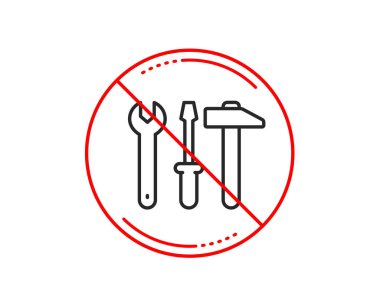 Hayır veya Dur işareti. Somun anahtarı, çekiç ve tornavida satırı simgesi. 