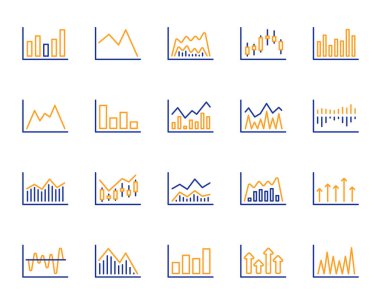 Mali grafik hat simgeler. Mum çubuk grafik, rapor diyagram ve Infochart simgeler kümesi. 