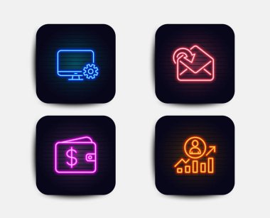 Neon glow ışıkları. Doları cüzdan, monitör ayarları ve alma posta simgeler kümesi