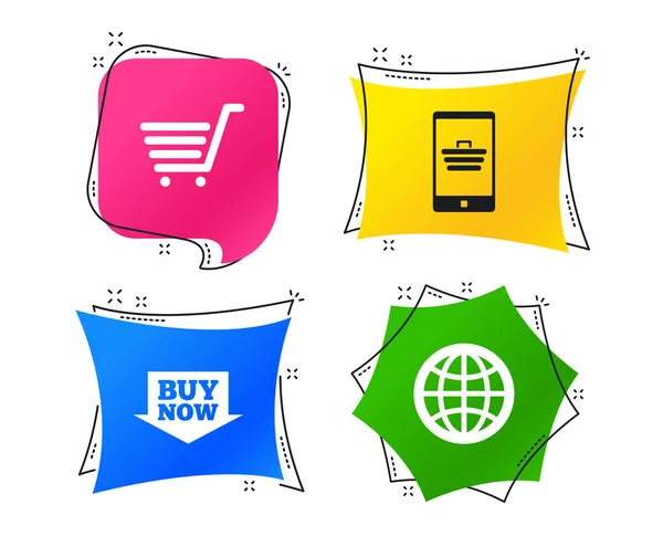 Zakupy Online Ikony Smartphone Koszyk Kup Teraz Znaki Strzałkę Internet — Wektor stockowy