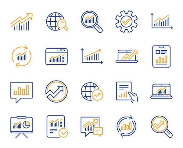 Analytics Icone Delle Linee Statistiche Serie Icone Grafico Documento Report — Vettoriale Stock