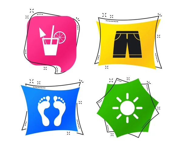 Beach Holidays Icons Cocktail Human Footprints Swimming Trunks Signs — Stock Vector