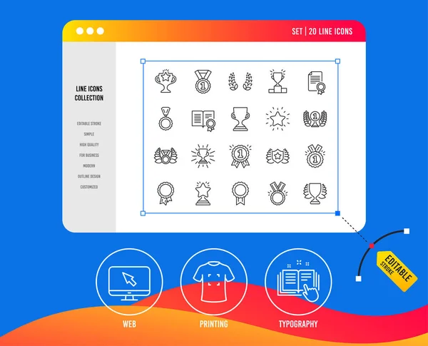 Нагороди Лінія Піктограм Набір Медаль Переможця Перемоги Кубок Ознаки Лавровий — стоковий вектор