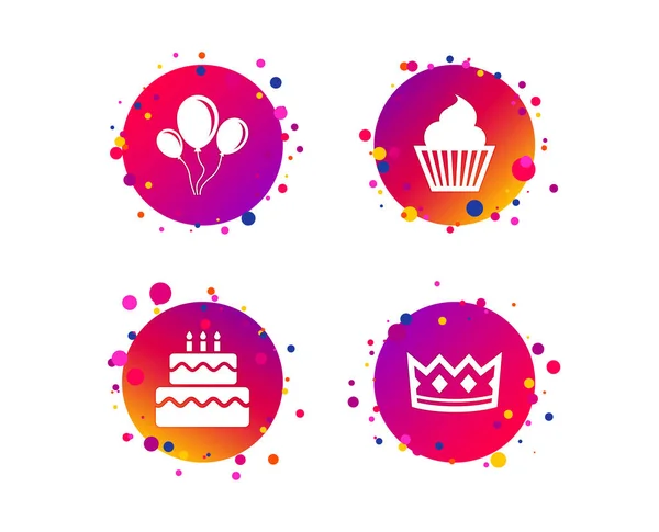Ícones Festa Coroa Aniversário Sinais Bolo Cupcake Balões Com Símbolo — Vetor de Stock