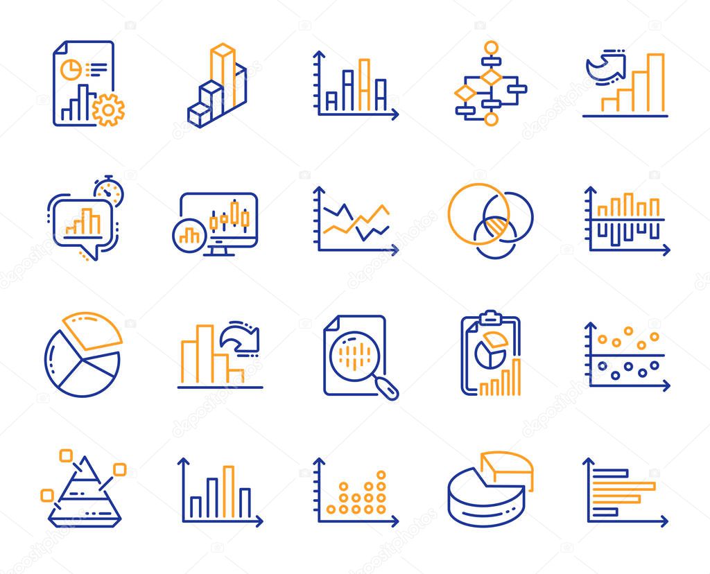 Charts and Diagrams line icons. Report, 3D Chart, Block diagram and Dot Plot graph linear icons.