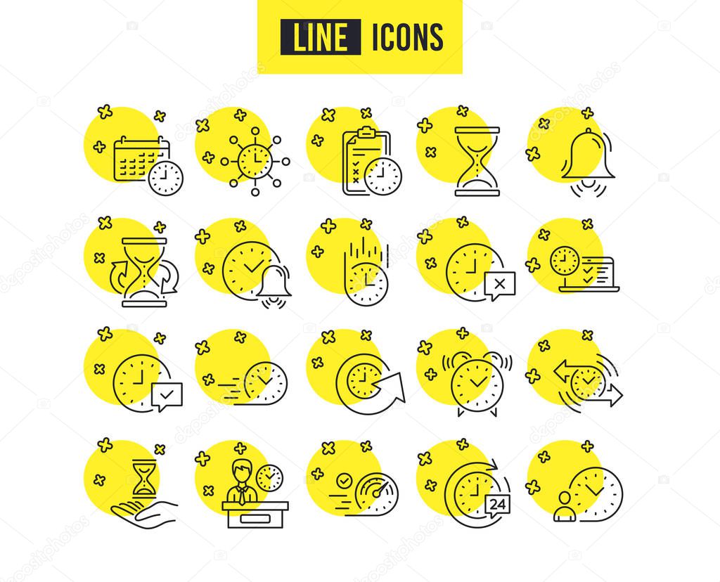 Time line icons. Set of Calendar, Time management and Delivery service linear icons. 