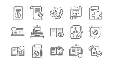 Teknik belgeler satırı simgeler. Öğretim, Plan ve el kitabı. Algoritma doğrusal Icon set. Vektör