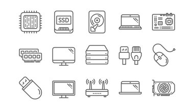Bilgisayar aygıt hattı simgeler. Anakart, işlemci ve Laptop. SSD bellek doğrusal Icon set. Vektör