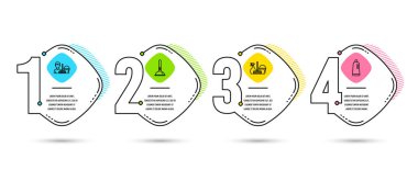 Infographic Şablon 4 seçenekleri veya adımları. Ev hizmet, dalgıç ve temizlik hizmeti simgeler kümesi. Şampuan işareti. Boya, vernik, Clogged boru temizleyici, paspas ile kova. Banyo Temizleyici. Vektör