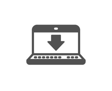 Simgesini indirin. Internet indirme Laptop işareti ile. Yük dosya simgesi. Kalite tasarım öğesi. Klasik stil ikonu. Vektör