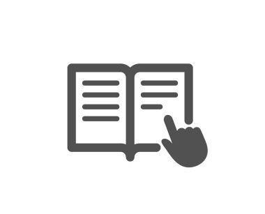 Öğretim kitap simgesi. El işaretçi simgesi ile eğitim. E-öğrenme işareti. Kalite tasarım öğesi. Klasik stil ikonu. Vektör