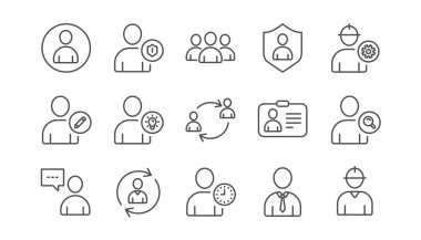 Kullanıcı kişi satır simgeler. Profil, Grup ve destek. İnsanlar doğrusal Icon set. Vektör