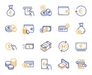 Para cüzdanı çizgisi simgeleri. Kredi kartı, nakit para ve sikke ikonları. Bankacılık, Döviz Kurumu ve Nakit Servis. Cüzdan, Euro ve Dolar parası, kredi kartı. Para değişimi, banka ödemesi. Vektör