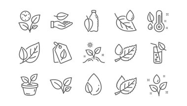 Bitkiler simgeleri sıraya. Yaprak, bitki ve nem termometresi büyüyen. Su damla doğrusal Icon set. Vektör