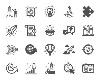 Başlangıç simgeleri. Fırlatma Projesi, İş Raporu, Hedef simgeleri. Strateji, Geliştirme Planı, Başlangıç Uzay Roketi. Hava balonu, Kutu Stratejisi ve İş Yeniliği Raporu. Vektör