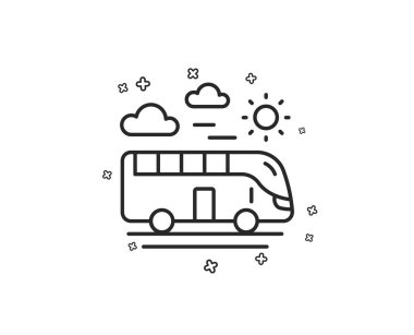 Otobüs seyahat satırı simgesi. Gezi taşıma işareti. Tatil araç sembolü. Geometrik şekiller. Rasgele çapraz öğelerin. Doğrusal otobüs seyahat simgesi tasarım. Vektör